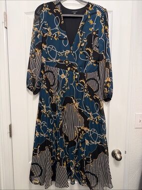 Ann Taylor Teal & Black Mixed-Print Midi Dress